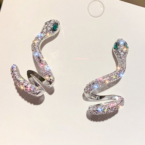 NEW 925 Silver Emerald Diamond Snake Earrings